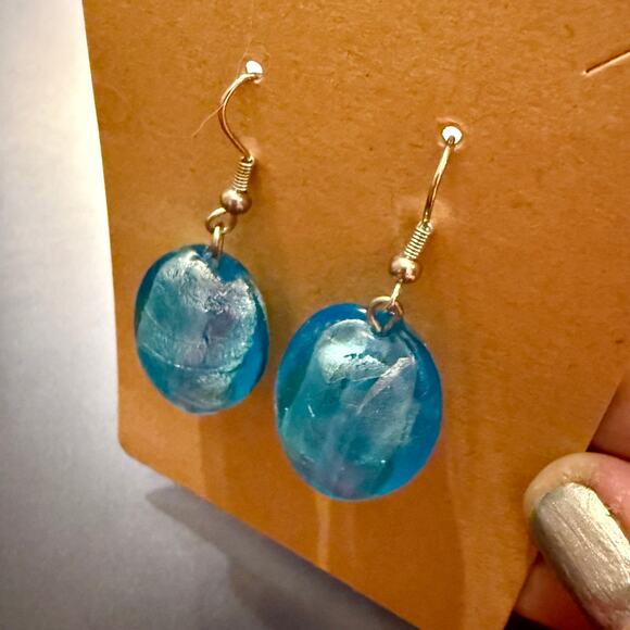 Gorgeous Light Blue Artisan Foiled Glass Drop Earrings - Picture 5 of 7